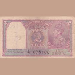 British India 2 Rupees George VI Cd Deshmukh Semi Fancy 678 Starting number rare Note
