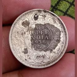 British India Silver 1/2 Rupee 1936 George-V Collectable Grade.