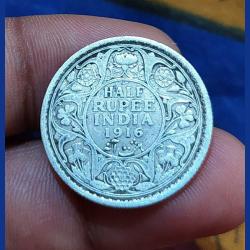 British India Silver 1/2 Rupee Year 1916 King GEORGE-V **VERY SCARE** Collectable Grade.
