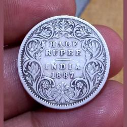 British India Silver 1/2 Rupee Year 1887 VICTORIA EMPRESS **VERY SCARE** Collectable Grade.
