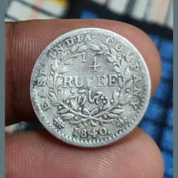 British India Silver 1/4 Rupee EAST INDIA COMPANY Year 1840 CONTINUOUS LEGEND Queen Victoria **VERY RARE** Collectable Grade.