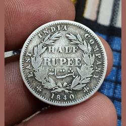 British India Silver 1/2 Rupee EAST INDIA COMPANY Year 1840 DIVIDED LEGEND Queen Victoria **RARE Coinage** Collectable Grade.