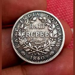 Alternative view of British India Silver 1/2 Rupee EAST INDIA COMPANY Year 1840 Queen Victoria CONTINUOUS LEGEND with "INDIAN HEAD" DIE VARIETY **EXTREMELY RARE** High Collectable Grade.