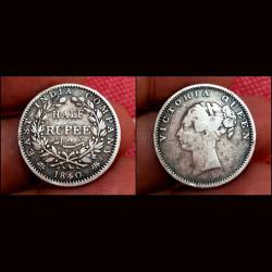 British India Silver 1/2 Rupee EAST INDIA COMPANY Year 1840 Queen Victoria CONTINUOUS LEGEND with "INDIAN HEAD" DIE VARIETY **EXTREMELY RARE** High Collectable Grade.