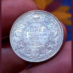 British India Silver 1/2 Rupee Year 1941 King GEORGE-VI in UNC Grade with Original Mint Luster