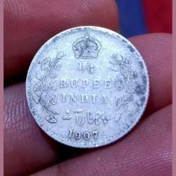 British India Silver 1/4 Rupee Year 1907 King EDWARD-VII **SCARE** Collectable Grade.