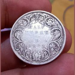 British India Silver 1/2 Rupee Year 1862 QUEEN VICTORIA **VERY SCARE** High Collectable Grade with Detailings.