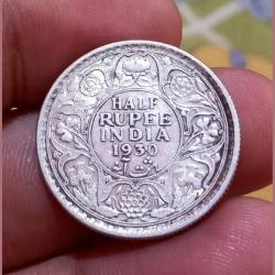 British India Silver 1/2 Rupee KEY DATE Year 1930 King GEORGE-V **RARE Coinage** Collectable Grade.