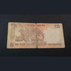 Alternative view of 10 Rupees Gandhi Series Signature RAGHU RAM RAJAN Small Digits SEMI SUPER FANCY Number 07-777777 **RARE** Used Repaired Condition.