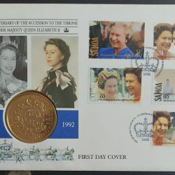 Samoi Sisifo One Dollar1992 (H.M.Queen Elizabeth ii Forthy Anniversary ofReign) Weight 28.28 Gram, Diameter 38.61Grem,Unc With first day Cover Stams,Mint packing, Beautiful Set
