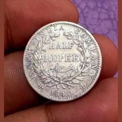 Alternative view of British India Silver 1/2 Rupee EAST INDIA COMPANY Year 1840 Queen Victoria CONTINUOUS LEGEND with “INDIAN HEAD” DIE VARIETY **EXTREMELY RARE** High Collectable Grade.