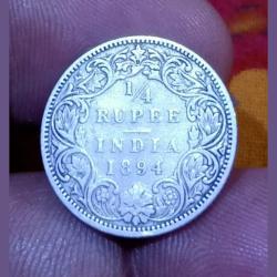 British India Silver 1/4 Rupee Year 1894 VICTORIA EMPRESS **SCARE** High Collectable Grade with Complete Detailings.