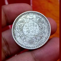British India Silver Rupee KEY DATE Year 1943 King GEORGE-VI **RARE** Collectable Grade.