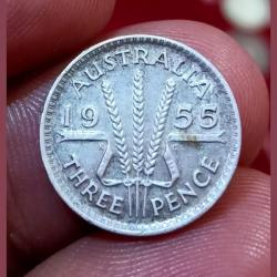 AUSTRALIA Silver 3 PENCE Year 1955 Queen ELIZABETH-II **SCARE** High Collectable Grade.
