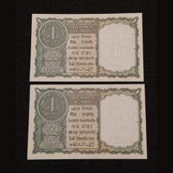 Alternative view of One Rupee Old Issue Year 1951 Signature K.G AMBEGAONKAR Grey-Green Color Catalog Number A-3 **RARE** 2 Notes are in Crisp UNC Conditions.