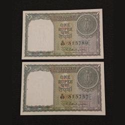 One Rupee Old Issue Year 1951 Signature K.G AMBEGAONKAR Grey-Green Color Catalog Number A-3 **RARE** 2 Notes are in Crisp UNC Conditions.