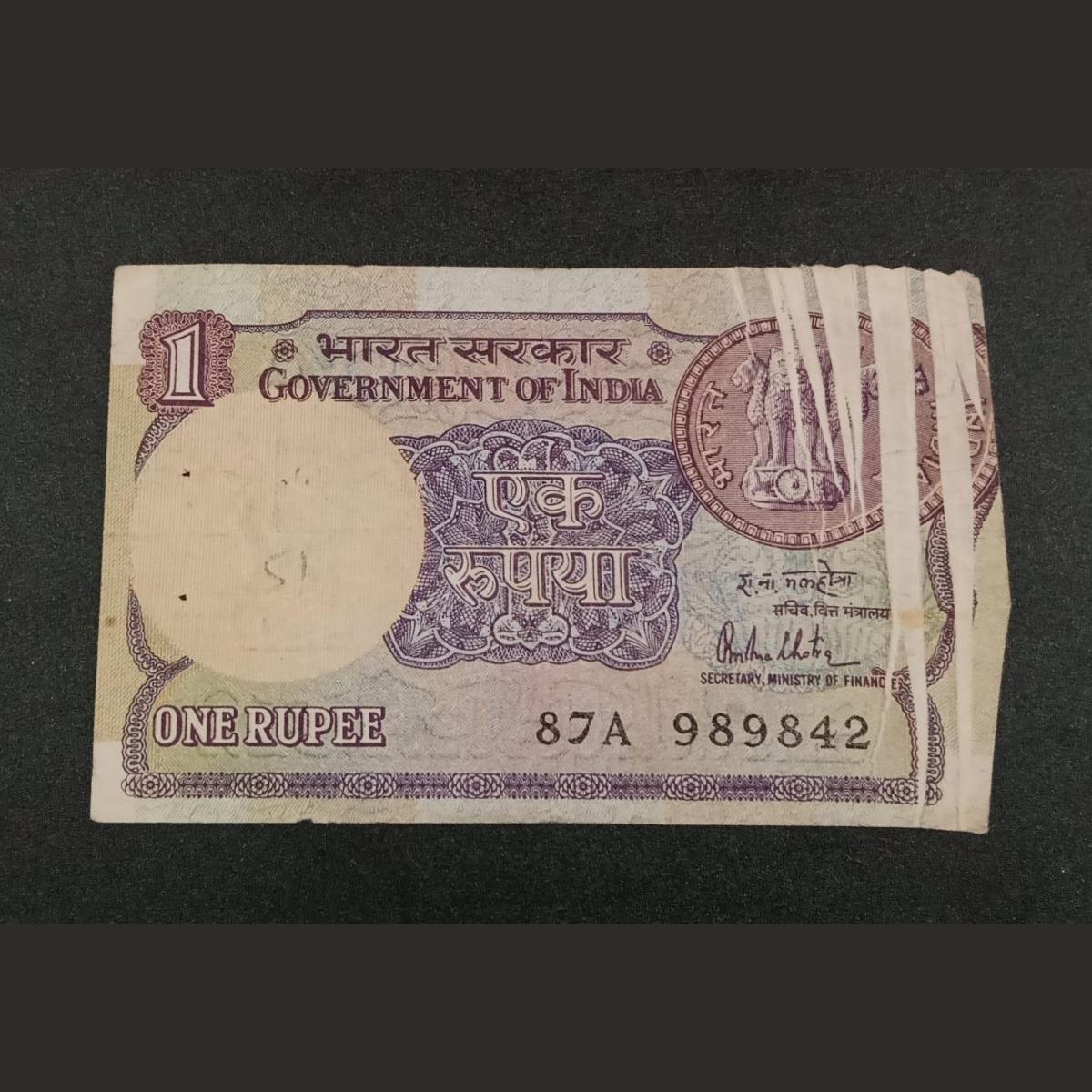 One Rupee Old Issue BIG COIN Signature R.N MALHOTRA with Massive and Multiple CREASE Error Back Normal **RARE** Collectable Grade.