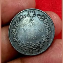 Alternative view of ITALY Bronze 5 CENTESIMI Year 1861 First Date King VITTORIO EMANUELE-II **RARE** High Collectable Grade.