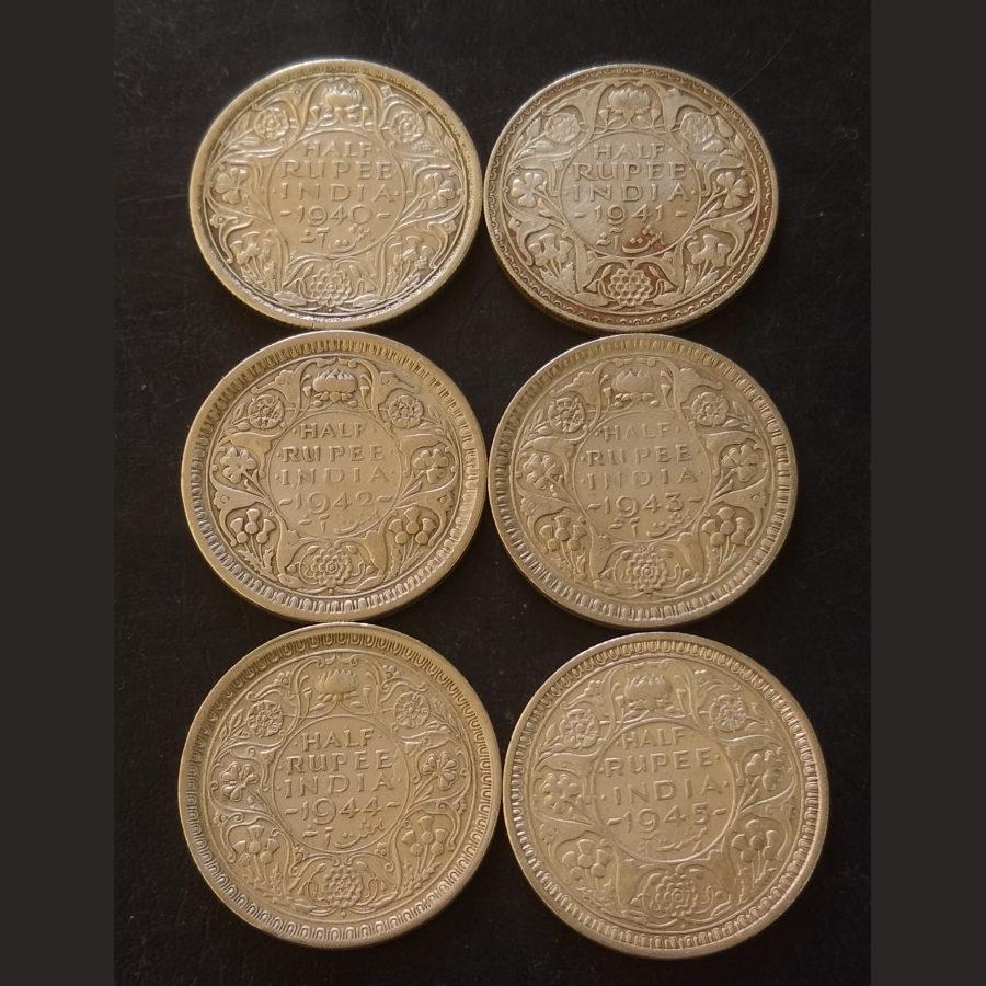 King George Vl 6 different years 1/2 ₹ Half Rupee Date Details 1940/41/42/43/44/45 - Image 2