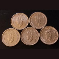 5 Different Years 1/4 ₹ George Sixth Quarter Rupee Date Details :- 1940/42/43/44/45 Weight