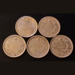 Alternative view of 5 Different Years 1/4 ₹ George Sixth Quarter Rupee Date Details :- 1940/42/43/44/45 Weight