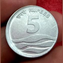 Alternative view of 5 Rupees Fss WAVE 🌊 Series 2008 HYDERABAD Mint OFF CENTER Error in Collectable Grade.