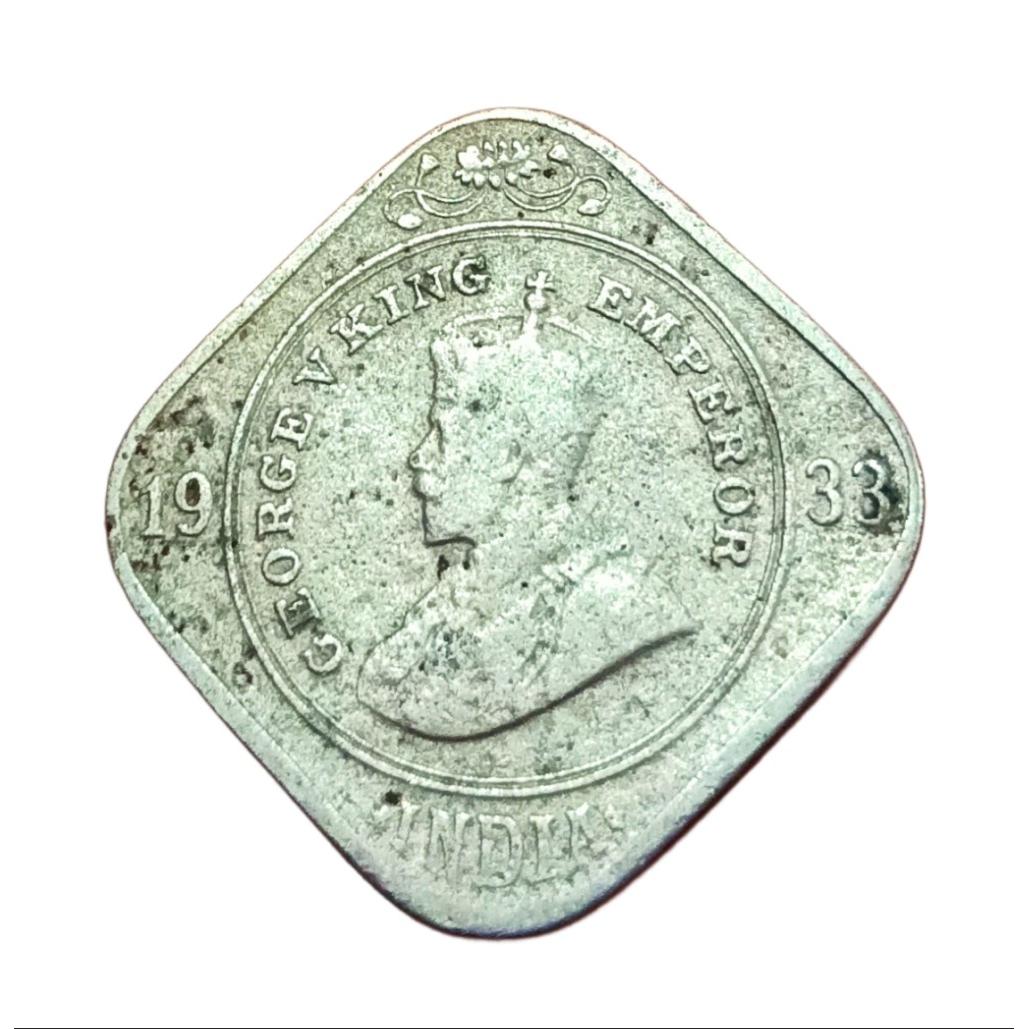 British India 2 ANNA'S Cu/Ni KEY DATE Year 1933 King GEORGE-V **RARE** Used Condition.