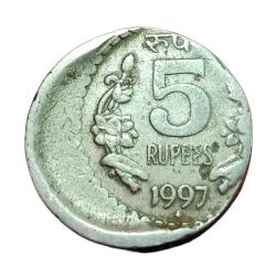 5 Rupees Cu/Ni Year 1997 Bombay Mint OFF CENTER Error **SCARE** Collectable Grade.