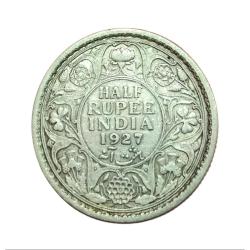 British India Silver 1/2 Rupee Key Year 1927 King George - V Scare High Collectable Grade.