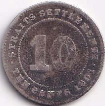1901 Straits Settlements Ten Cents Victoria Silver Coin #S461