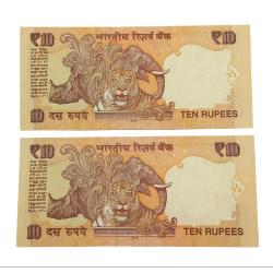 Alternative view of 10 Rupees Year 2015 RAGHURAM RAJAN with LOWER SERIAL Numbers 2 Notes are in UNC Grades.