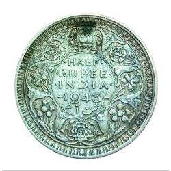 British India Silver 1/2 Rupee Year 1943 Bombay Mint King GEORGE-VI in Collectable Grade.
