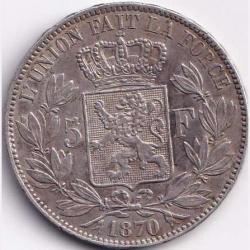 1870 Belgium 5 Francs - Léopold II small head Silver Weight 25 g Big Size Crown Size Coin #R102