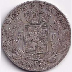 1871 Belgium 5 Francs - Léopold II small head Silver Weight 25 g Big Size Crown Size Coin #R104