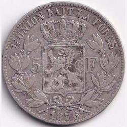 1876 Belgium 5 Francs - Léopold II small head Silver Weight 25 g Big Size Crown Size Coin #R107