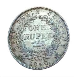 British India Silver Rupee 1840 "EAST INDIA COMPANY" Queen CONTINUOUS LEGEND **RARE** High Grade.