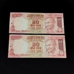 SET OF TWO NOTES OF 20 RUPEES WITH GEM UNC CONDITION AND FUNCY NO. 999999&1000000