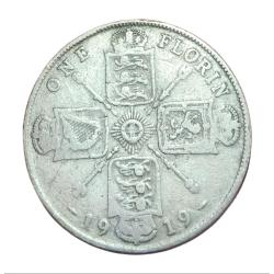 UNITED KINGDOM Silver ONE FLORIN Year 1919 King GEORGE-V **SCARE** Used Condition.