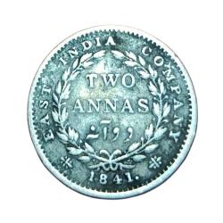 British India Silver 2 ANNA'S Year 1841 "EIC" Queen CONTINUOUS LEGEND **V. RARE** Used Condition.
