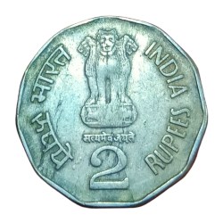 Alternative view of 2 Rupees Cu/Ni COMMEMORATIVE Issue SHIVAJI "HYDERABAD Mint" LAMINATION Error Collectable Grade.