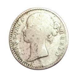 Alternative view of British India Silver 1/4 Rupee "EAST INDIA COMPANY "Year 1840 Queen DIVIDED LEGEND Used Condition.