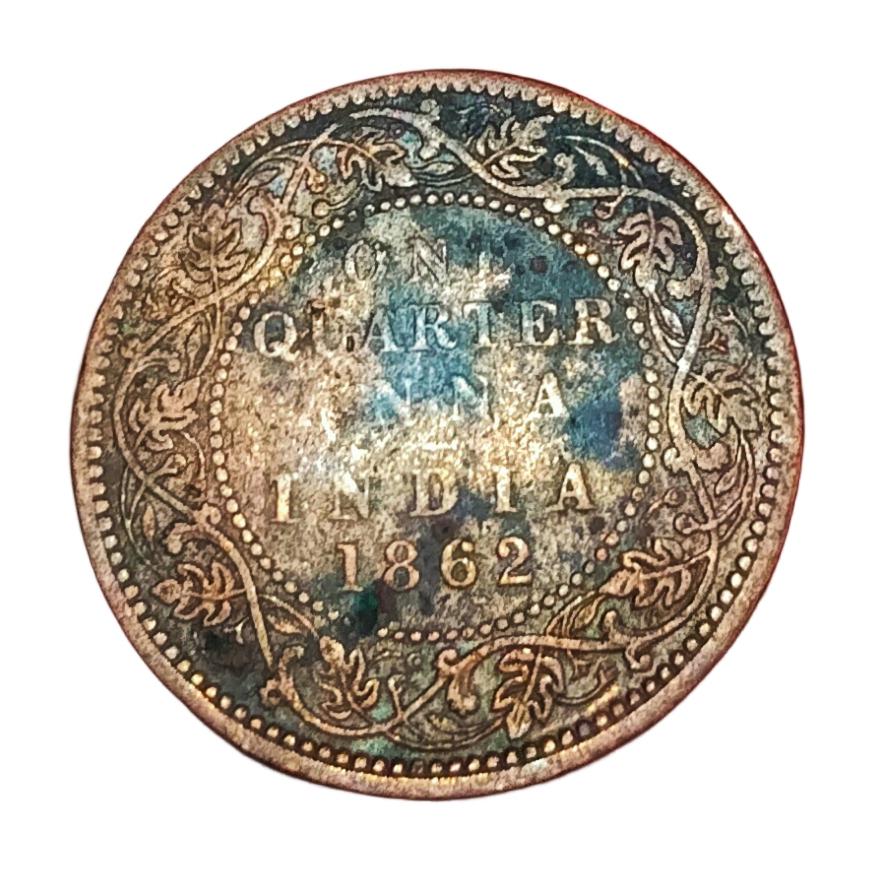 British India ONE QUARTER ANNA Year 1862 QUEEN VICTORIA **V. SCARE** High Collectable Grade.