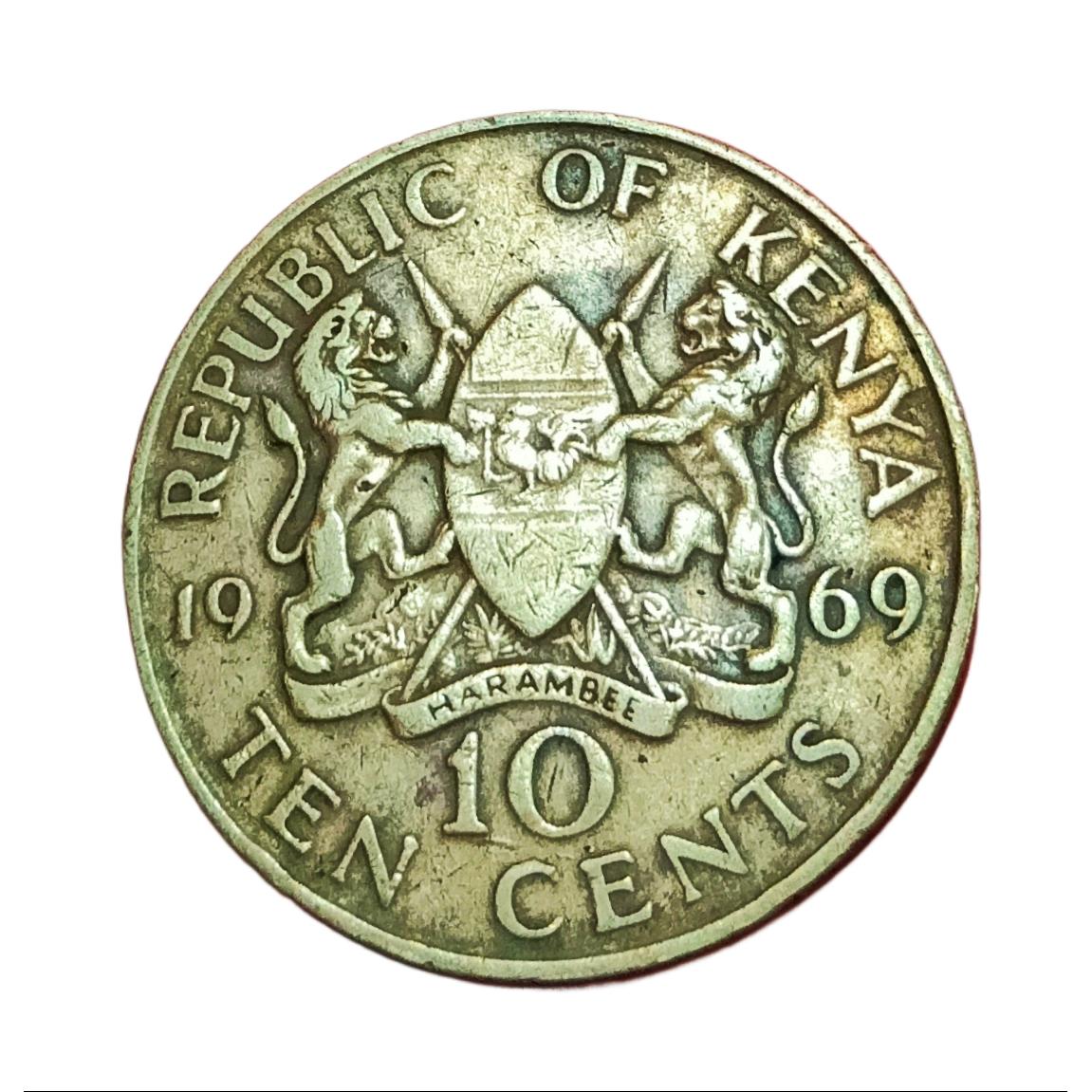 KENYA Brass 10 CENTS Year 1969 "Big Size" MZEE JOMO KENYATTA Portrait in Collectable Grade.