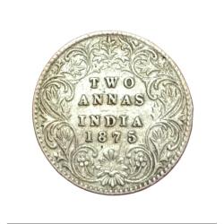 British India Silver 2 ANNA'S Key Date Year 1875 QUEEN VICTORIA **RARE** High Collectable Grade.