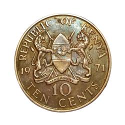 KENYA Brass 10 CENTS Year 1971 "Big Size" MZEE JOMO KENYATTA Portrait High Collectable Grade.