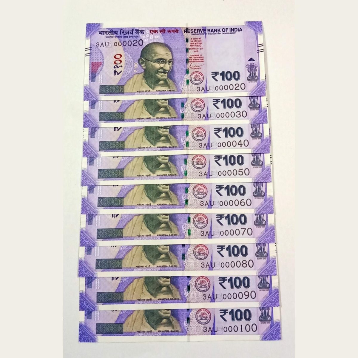 100 Rupees New Issue Year 2021 SEMI FANCY LOW SERIAL Numbers Lot 9 Notes. UNC Grades.