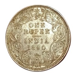Alternative view of British India Silver Rupee Year 1890 VICTORIA EMPRESS with STRUCK THROUGH Error in AUNC Grade.