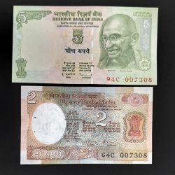 5 Rupee 2 Rupee Fancy James BOND JODI No 007308 UNC
