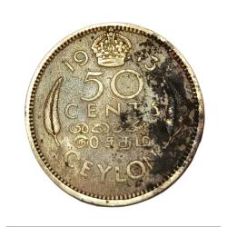 CEYLON Ni/Brs 50 CENTS Year 1943 King GEORGE-VI **SCARE** Collectable Grade.