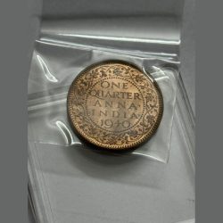 Alternative view of George VI One Quarter Anna 1940 Copper Coin BUNC FROM ROLLS
